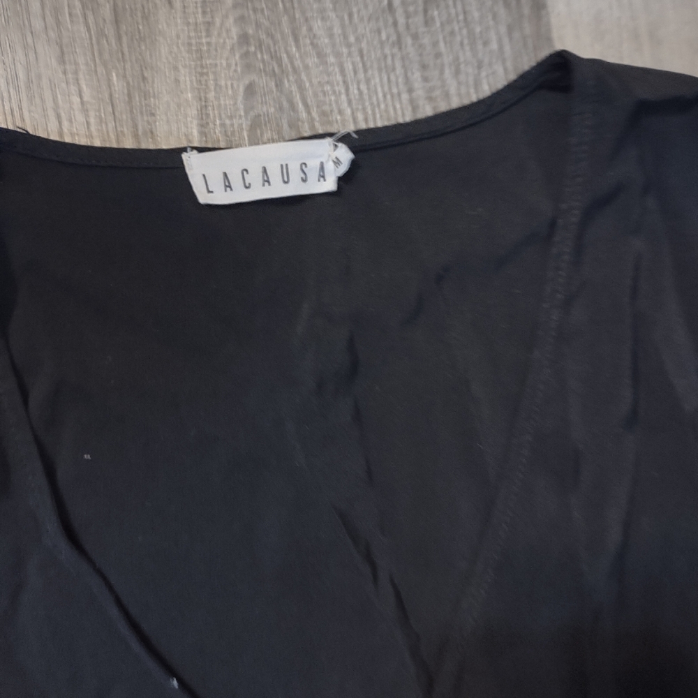 LACAUSA Black V Neck Short Sleeve Minimalist Dress - Picture 2 of 6